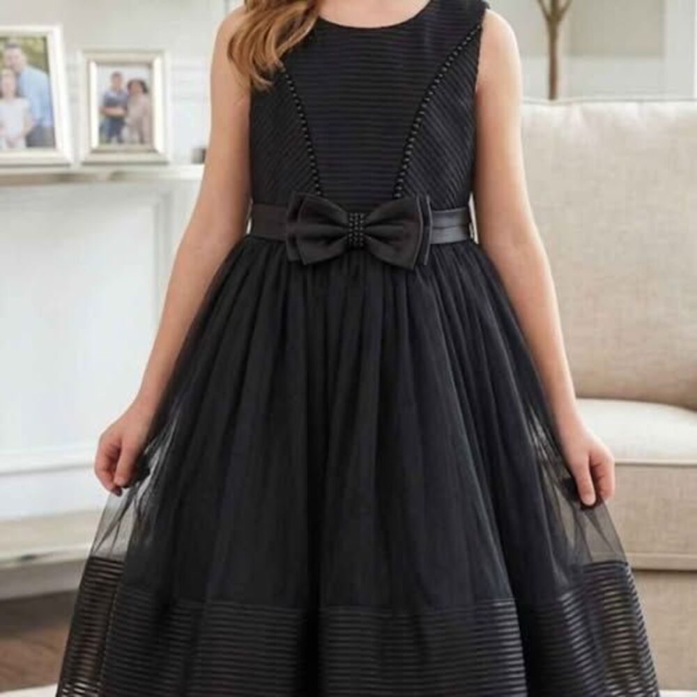 Pink Butterfly Girls Black Tulle Formal Party Dress Bow Beaded Size 10